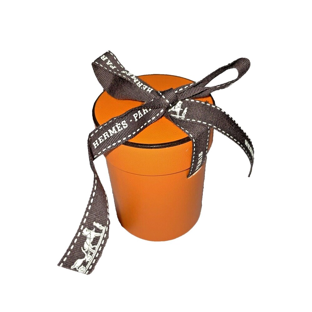 HERMES Cylindrical  Box with Orange With Brown Ribbon Authentic 7 x 5.5 cm